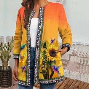 Sunflower Hummingbird Plus Size Jacket, Coat, Long Sleeves Jacket, Women Coat, Women Clothing, Gift for women, Women Jacket TD_HN150214D