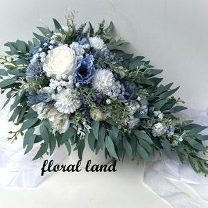 Dusty Blue Cascading Wedding Bouquet Pale Blue White Cascade Bridal Bouquets Light Blue Eucalyptus Peony Rose Gyp Thistle Rustic Flowers