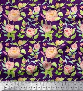 Soimoi Purple Velvet Fabric Leaves & Peony Floral Printed Craft-rXp