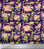 Soimoi Purple Velvet Fabric Leaves & Peony Floral Printed Craft-rXp