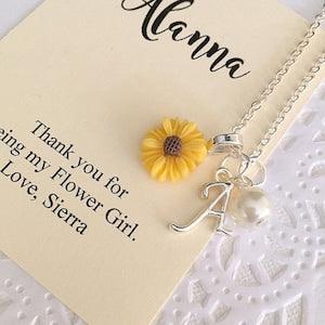 Sunflower flower girl necklace, initial, child necklace, personalized, comes with personalized card and ORGANZA bag.