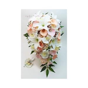 Cascade Bridal Bouquet Real Touch Orchids, Tiger Lilies, Callas, Rose Gold Berries - Add A Groom's Boutonniere - Peach, Pink, Rose Gold