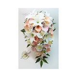Cascade Bridal Bouquet Real Touch Orchids, Tiger Lilies, Callas, Rose Gold Berries - Add A Groom's Boutonniere - Peach, Pink, Rose Gold