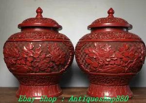 7" China Marked Wood lacquerware Peony Flower Zun Tank Crock Pot Jar Pair