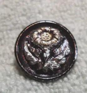 Vintage Black Glass Pictorial Button Flower Gold Silver Luster Carved CARNATION