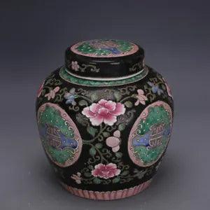 8" Chinese Jingdezhen Dark Background Porcelain Peony Flower Pattern Pots