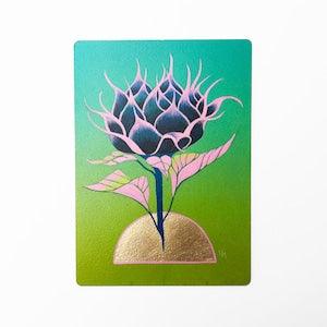 RISE - 5"X7", original art, hand painted, sunflower bud, aerosol art, acrylic painting, gold leaf, wall decor, gift idea