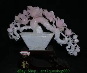 17'' China Natural Xiu Pink Jade Carving Lily Flower Potted Plants Bonsai Statue