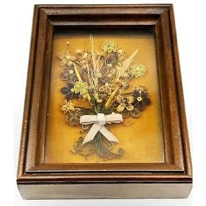 Vintage 70s Wood Frame Dried Flowers Paper Art Wall Hangings