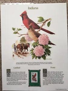 State Bird Flower Stamp Panel INDIANA cardinal peony