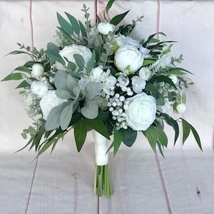 White wedding bouquet, eucalyptus bouquet, white bridal flowers, rose peony bouquet, bridesmaid bouquet, silk wedding flowers, ivory bouquet