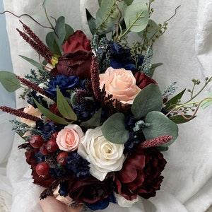 Cascading Wedding Bouquet Burgundy Navy Blue Red Peony Eucalyptus Wedding Maroon Package Handmade Artificial Faux Flowers Wedding Decor