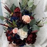Cascading Wedding Bouquet Burgundy Navy Blue Red Peony Eucalyptus Wedding Maroon Package Handmade Artificial Faux Flowers Wedding Decor