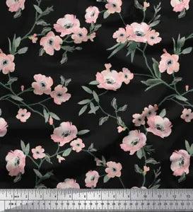 Soimoi Black Velvet Fabric Leaves & Peony Floral Printed Craft Fabric-tbK