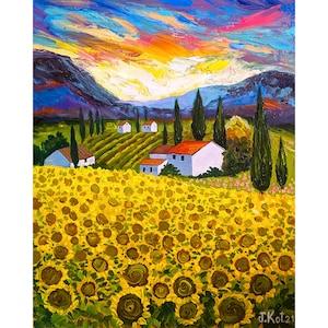 Tuscany impasto Italy hand-painted wall art Sunflower field by Julia Kot