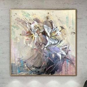 Flowers Bouquet Painting Nature Wall Art Framed White Lilies Paintings On Canvas Contemporary Art Modern Art | BOUQUET OF LILIES 27.5"x27.5"