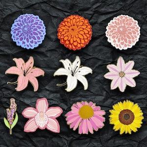 Flower Enamel Pins | Collectible Lapel Pins, Floral Blossom Brooch / Badge, Dahlia, Orchid, Lavender, Lily, Coneflower, Clematis, Sunflower