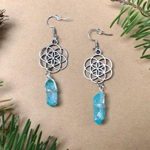 FLOWER OF LIFE ocean blue aura crystal quartz sacred geometry earrings