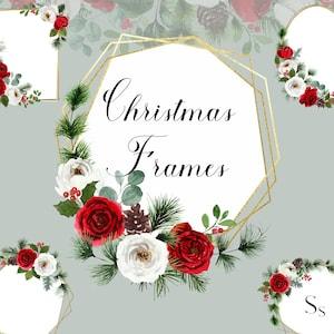 Christmas Red/White Roses Bouquets, Hand Painted Watercolor Clipart Set, Christmas wedding graphics, floral Gold Frames, Christmas Wreath.
