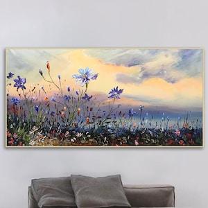 Flower Oil Painting On Canvas Abstract Purple Orchid Flower Painting Floral Wall Art Mountain Sunset Glow Painting Living Room Wall Decor