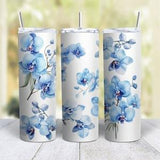 Personalized Bouquet of Blue Orchids Stainless Steel Straight Skinny 20 Oz Tumbler With Lid & Straw Floral Sublimated Gift by Mugzan