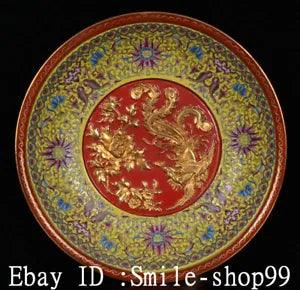 11.8" Old Qing Dynasty Enamel Colour Porcelain Gild Peony Flower Phoenix Plate