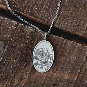 Engraved Peony Oval Flower Pendant Necklace in Sterling Silver