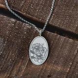 Engraved Peony Oval Flower Pendant Necklace in Sterling Silver
