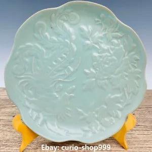 10.2" Rare Chinese Ru Kiln Porcelain Palace Phoenix Peony Flower Dish Plate Tray