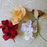 CLEARANCE SALE Lot of 4 Velvet Millinery Flowers NOS Roses Orchid Red Gold Lavender European Made for Hats, Fascinators, Gowns S369