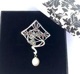 Sterling Silver Art Nouveau Lily Plique a Jour Ruby & Pearl 2in1 Brooch Pendant