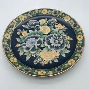 Vintage Andrea By Sadek 10-1/4" Decorative Plate Blue Yellow Rose Carnation