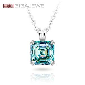 GIGAJEWE 7mm 2.0ct 925 Sterling Silver Necklace Asscher Cut Blue Green Color Moissanite Necklace , Silver Necklace