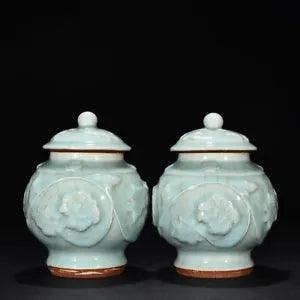 7.2" China ancient Song dynasty Longquan Kiln Celadon glaze Peony flower a pair
