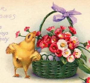a6  Postcard Vintage Easter Blessings Chick basket carnations flowers eggs 019a