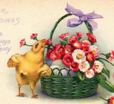 a6  Postcard Vintage Easter Blessings Chick basket carnations flowers eggs 019a