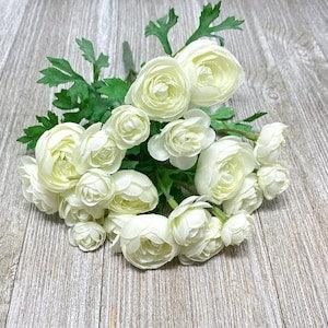Artificial CREAM Mini Ranunculus Flower Bush - Flower Bush With Leaves - Artificial Flowers, Silk Flowers, Flower Crown, Hair Accessories