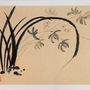 Orchids. Ink on rice paper. Traditional Japanese art. Chinese art. Ink painting. Sumie. Unframed