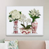 Chinoiserie chic, Porcelain vases Red and white china, Botanical prints, Chinese decor, Floral illustration, Hydrangea Orchid Tulip Hyacinth