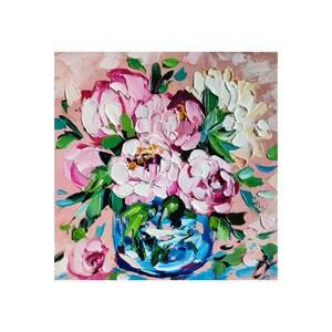 Peony painting oil original wall art, bouquet pink flowers impasto artwork