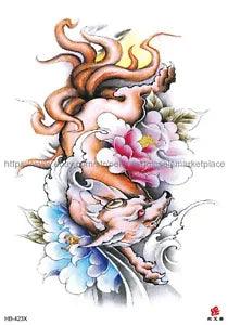 peony flower wolf animal big 8.25" tempoary Fake Tattoos Sticker