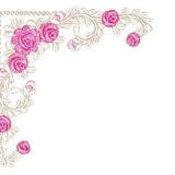 Embroidered quilt label, Bright Pink Roses in a lacy filigree motif, to customize with your personal message.