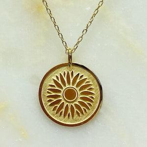 Sunflower Real Gold Necklace, Dainty Floral Pendant, 14K Layered Nature Fine Jewelry, 8K Personalized Coin Charm Jewel, Best Gift for Mother