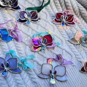 Christmas Stained glass ornaments Orchid flower. Set 3, 5, 7 , 10. Decorations Wedding  Holiday decor Handmade art plant