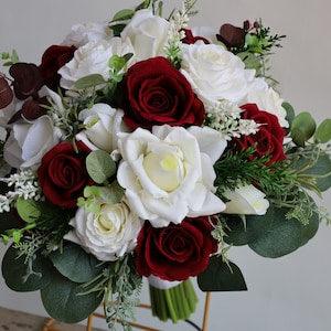 Faux Burgundy Cream White Rose Wedding Bouquet, Dark Red Boho Bouquet, Bridal Bridesmaids Bouquet, Eucalyptus, Real Touch Fake Flowers