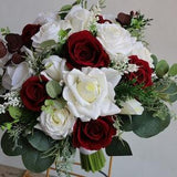 Faux Burgundy Cream White Rose Wedding Bouquet, Dark Red Boho Bouquet, Bridal Bridesmaids Bouquet, Eucalyptus, Real Touch Fake Flowers