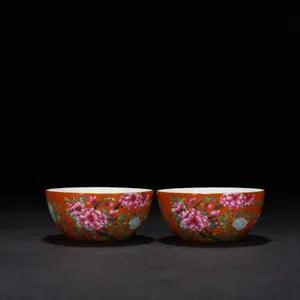 3.5" China dynasty Porcelain yongzheng mark pair famille rose peony flowers cups