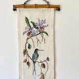 Vintage wall hanging/ hummingbird/ orchids/ embroidered/ bamboo/ 50s mid century/ boho/ country house