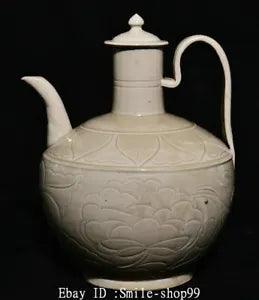 8.6" Old Song Dynasty Ding Kiln Porcelain Peony Flower Wine Tea Pot Flagon