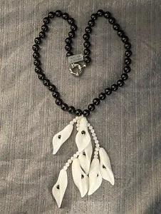 Vtg Signed Floral Masha Of Sweden Glass Necklace White Lily Dangle Statement